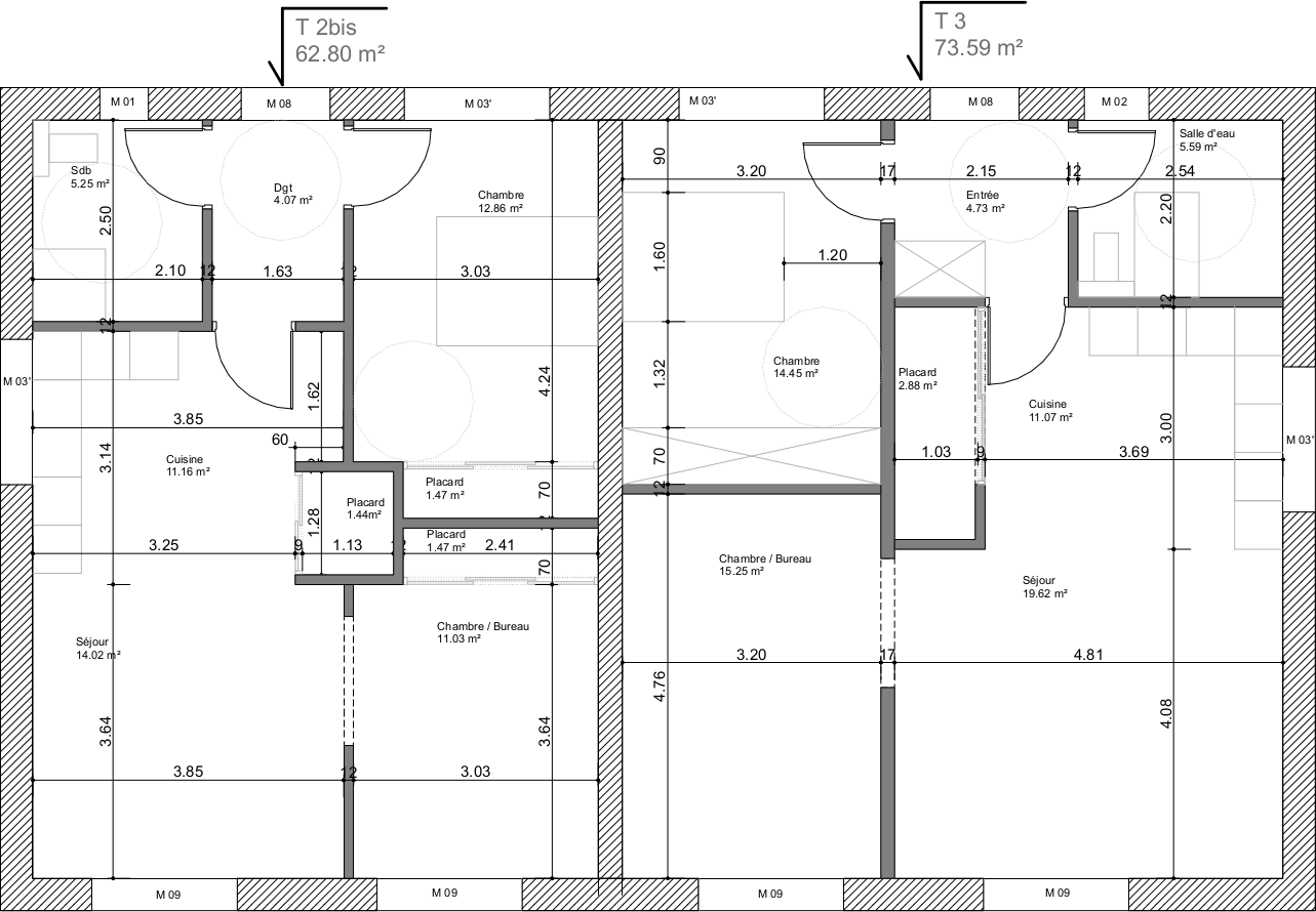 Plan de 2 logement type T2 bis et T3